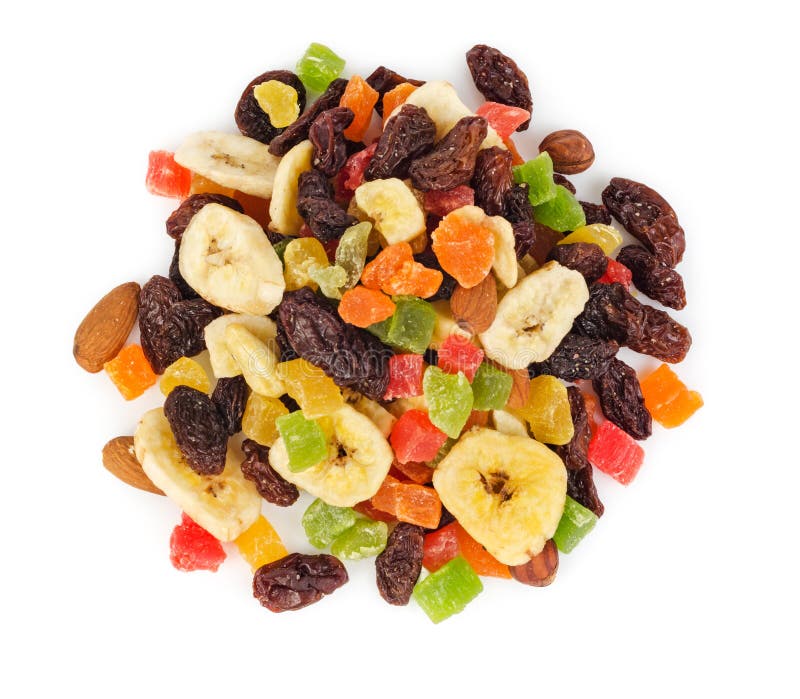 La pila de frutas secadas aisló la visión superior fotos de archivo libres de regalías La pila de frutas secadas aisló la visión superior fotos de archivo libres de regalías