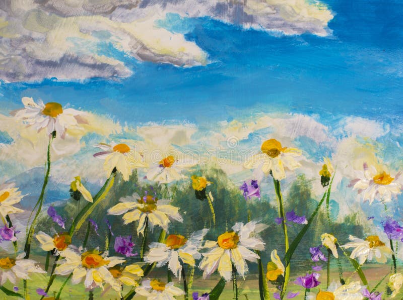 La pintura de las margaritas blancas florece, las flores hermosas del campo en lona Ilustraciones de Impasto del cuchillo de pale imagen de archivo La pintura de las margaritas blancas florece, las flores hermosas del campo en lona Ilustraciones de Impasto del cuchillo de pale imagen de archivo