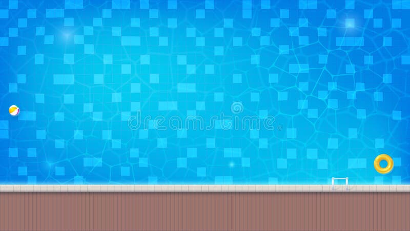 La piscina con la flotación de la bola inflable y nadar suena Vista superior del agua azul en piscina al aire libre profunda con el lado y las escaleras ilustración del vector 3d Plantilla para la cubierta, cartel, bandera