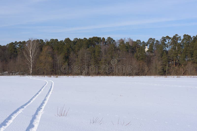 La pista su un campo innevato che va lontano fotografie stock La pista su un campo innevato che va lontano fotografie stock