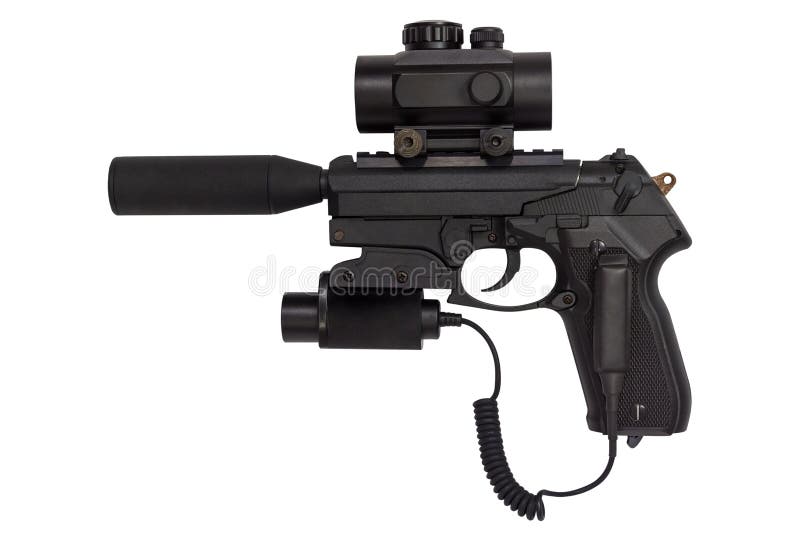 La pistola con un silenziatore e un laser avvistano isolato su fondo bianco immagini stock libere da diritti La pistola con un silenziatore e un laser avvistano isolato su fondo bianco immagini stock libere da diritti