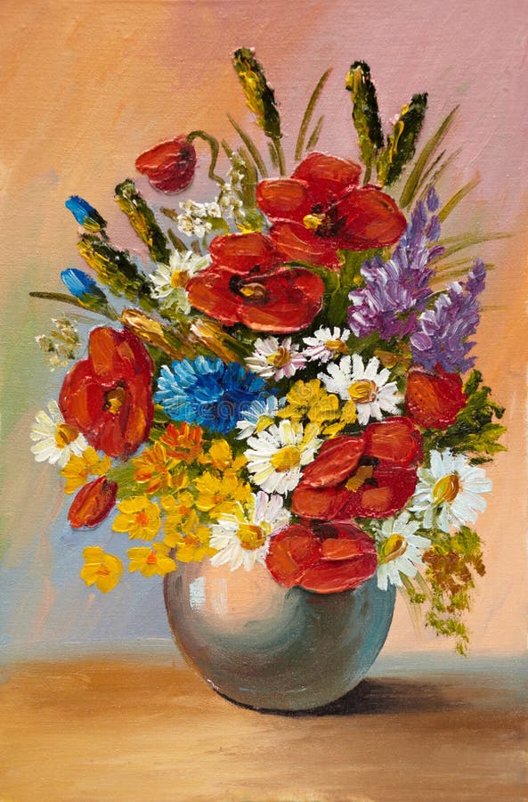 La pittura a olio della molla fiorisce in un vaso su tela Estratto