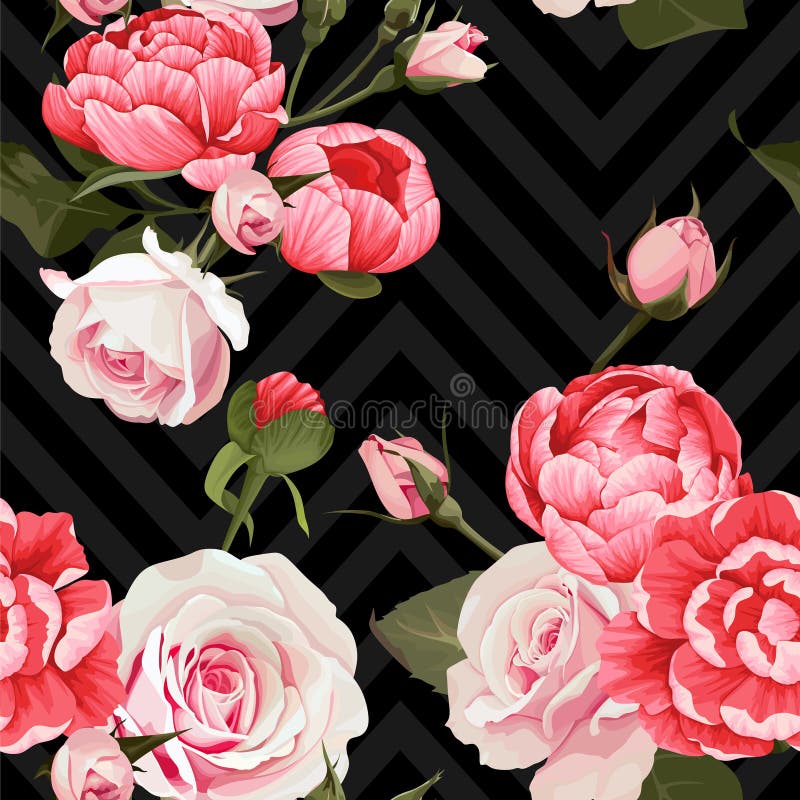 La pivoine et les roses dirigent la texture florale de modèle sans couture sur un fond foncé de chevron illustration stock La pivoine et les roses dirigent la texture florale de modèle sans couture sur un fond foncé de chevron illustration stock