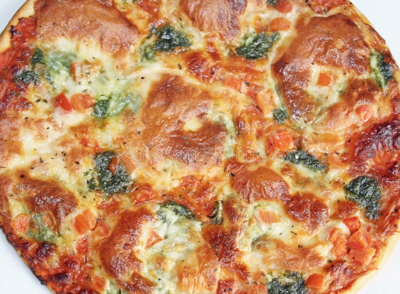 La pizza kitsch ha cotto ad un marrone dorato con spinaci ed i pomodori tagliati immagine stock libera da diritti La pizza kitsch ha cotto ad un marrone dorato con spinaci ed i pomodori tagliati immagine stock libera da diritti