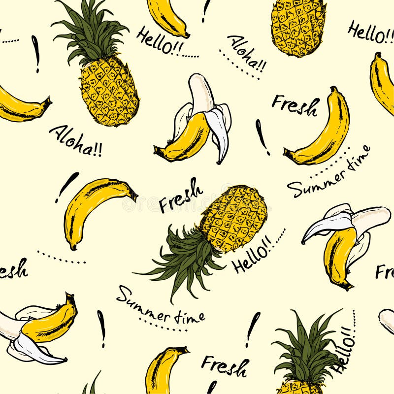 La piña y el plátano dan el bosquejo exhausto, saludando la hawaiana fresca, s ilustración del vector La piña y el plátano dan el bosquejo exhausto, saludando la hawaiana fresca, s ilustración del vector
