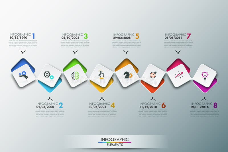 La plantilla del diseño de Infographic con cronología y 8 conectaron elementos cuadrados libre illustration La plantilla del diseño de Infographic con cronología y 8 conectaron elementos cuadrados libre illustration