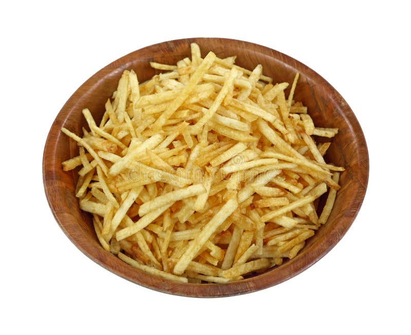 La pomme de terre fine croustillante colle la cuvette en bois images libres de droits La pomme de terre fine croustillante colle la cuvette en bois images libres de droits