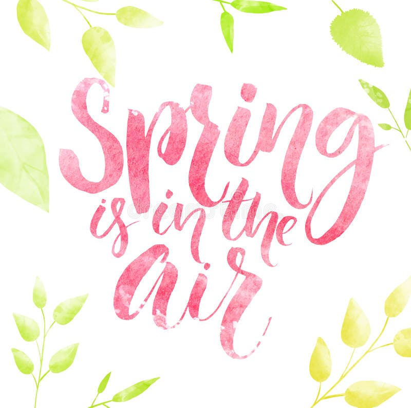 La primavera está en las letras de la acuarela del aire en marco verde de las hojas ilustración del vector La primavera está en las letras de la acuarela del aire en marco verde de las hojas ilustración del vector