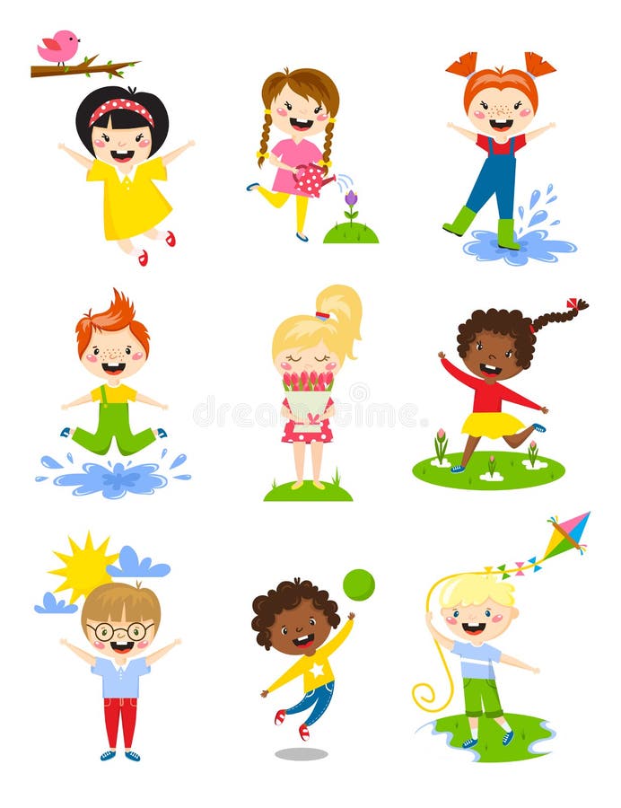 La primavera feliz que juega, flores de riego de los niños, saltando en charco, lleva el ramo, funcionamiento, asolea feliz, lanz libre illustration La primavera feliz que juega, flores de riego de los niños, saltando en charco, lleva el ramo, funcionamiento, asolea feliz, lanz libre illustration