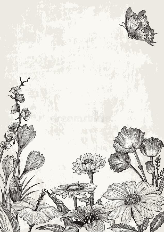 La primavera florece estilo del vintage del dibujo de la mano del marco en backgr del grunge stock de ilustración La primavera florece estilo del vintage del dibujo de la mano del marco en backgr del grunge stock de ilustración