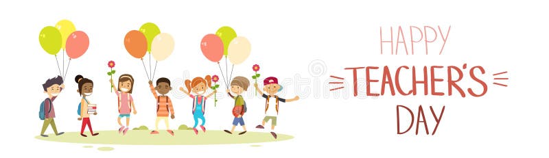 La prise de groupe de Day School Children de professeur fleurit la carte de voeux de vacances de ballons illustration de vecteur La prise de groupe de Day School Children de professeur fleurit la carte de voeux de vacances de ballons illustration de vecteur