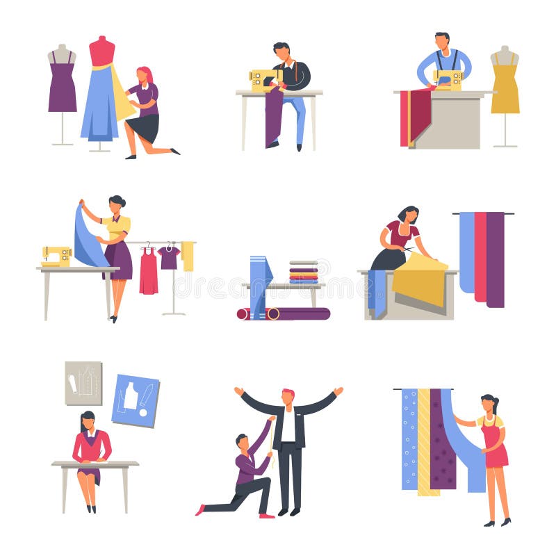 La profesión del sastre o de la modista y del diseñador de moda vector iconos anónimos de la gente stock de ilustración