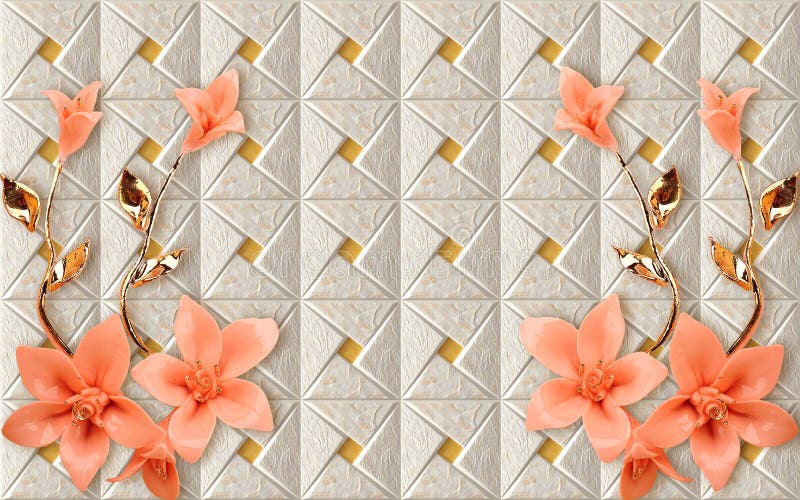 La progettazione murala della carta da parati 3D con i fiori di marmo cinesi della carta da parati del ramo dorato floreale e geo fotografia stock