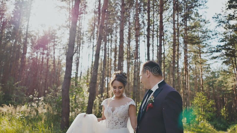 La promenade de jeunes mariés dans une forêt de pin, tenant des mains et regardant l'un l'autre au soleil baiser heureux ensemble