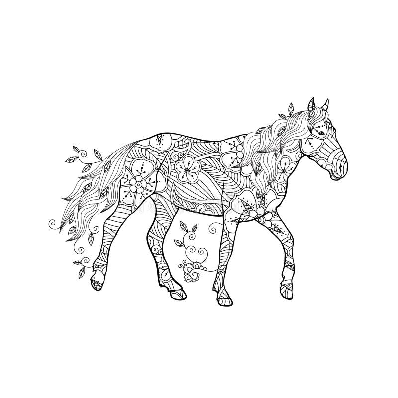 La página que coloreaba en zentangle inspiró estilo Caballo corriente adornado por las flores y las hojas aisladas en el fondo bl stock de ilustración La página que coloreaba en zentangle inspiró estilo Caballo corriente adornado por las flores y las hojas aisladas en el fondo bl stock de ilustración
