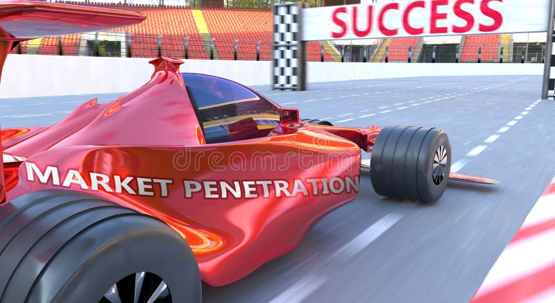 La pénétration et le succès du marché décrits comme pénétration du marché» et voiture f1 pour symboliser cette pénétration du marché peuvent aider à atteindre le succès et la prospérité dans l'illustration de la vie et des affaires 3d.