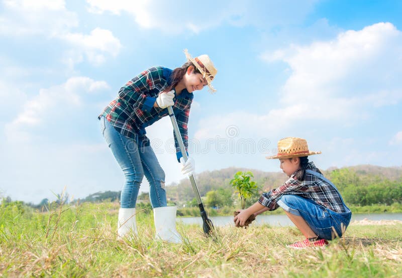 La ragazza asiatica del bambino e della mamma pianta l'alberello che l'albero nella molla della natura per riduce la caratteristi fotografie stock La ragazza asiatica del bambino e della mamma pianta l'alberello che l'albero nella molla della natura per riduce la caratteristi fotografie stock