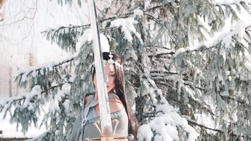 La ragazza attraente incantante con capelli neri diritti lunghi posa per la macchina fotografica nello stile di fantasia signora