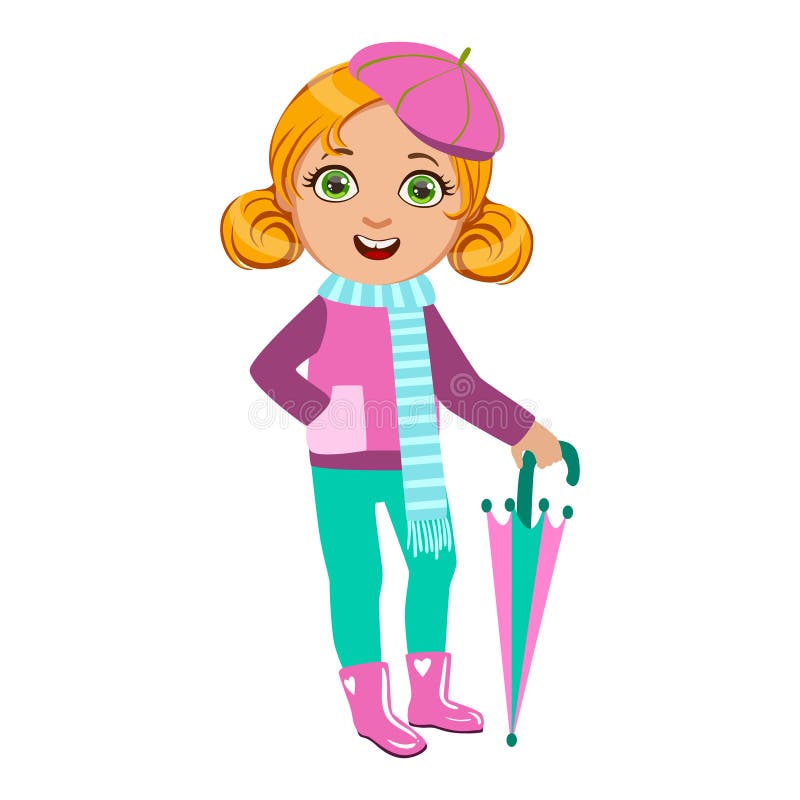 La ragazza in attrezzatura rosa e blu, bambino in pioggia di Autumn Clothes In Fall Season Enjoyingn e tempo piovoso, spruzza e illustrazione vettoriale La ragazza in attrezzatura rosa e blu, bambino in pioggia di Autumn Clothes In Fall Season Enjoyingn e tempo piovoso, spruzza e illustrazione vettoriale