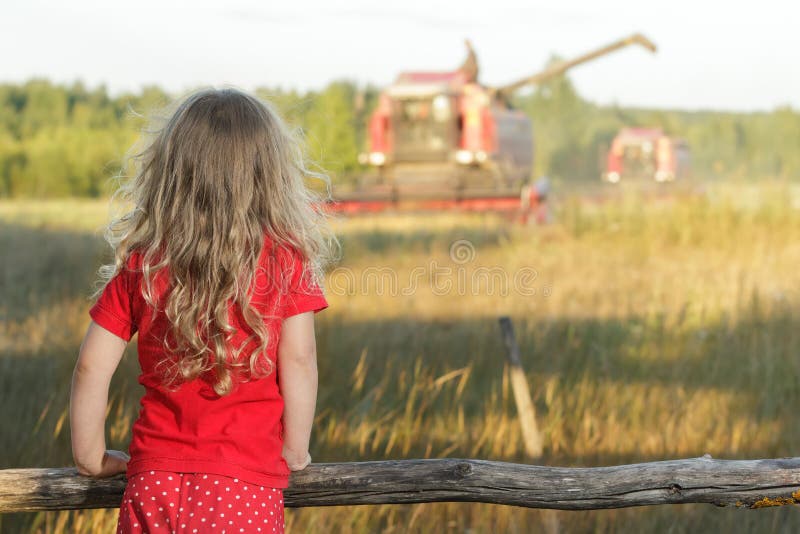 La ragazza bionda dell'azienda agricola in pois rosso scherza le pentole che esaminano il campo con la mietitrebbiatrice di racco fotografia stock libera da diritti La ragazza bionda dell'azienda agricola in pois rosso scherza le pentole che esaminano il campo con la mietitrebbiatrice di racco fotografia stock libera da diritti
