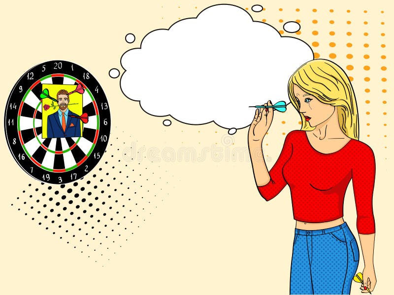 La ragazza di Pop art grida e gioca in una galleria di fucilazione fissata al muro Dardo in una foto di un uomo Stile comico d'im royalty illustrazione gratis La ragazza di Pop art grida e gioca in una galleria di fucilazione fissata al muro Dardo in una foto di un uomo Stile comico d'im royalty illustrazione gratis