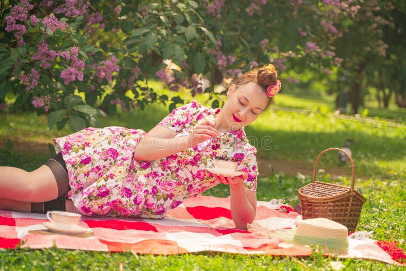 La ragazza incantante del pinup dell'innamorato in un vestito dall'estate su una coperta a quadretti nel parco vicino ai cespugli fotografia stock La ragazza incantante del pinup dell'innamorato in un vestito dall'estate su una coperta a quadretti nel parco vicino ai cespugli fotografia stock