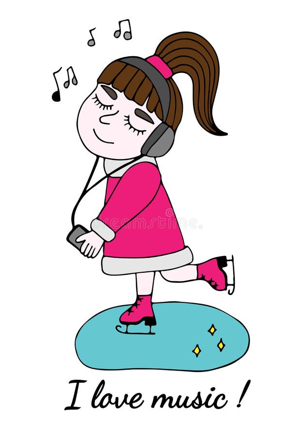 La ragazza sui pattini ed ascolta musica con musica di amore del testo I illustrazione di stock