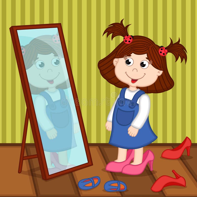 La ragazza sui talloni guarda in specchio illustrazione di stock La ragazza sui talloni guarda in specchio illustrazione di stock