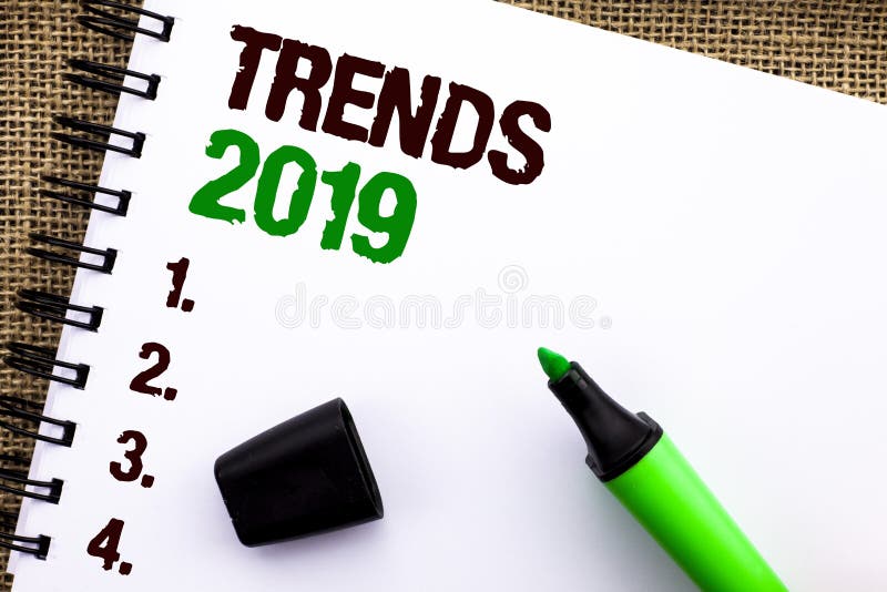 Text sign showing Trends 2019. Conceptual photo Current Movement Latest Branding New Concept Prediction written Notebooke Book the jute background Marker next to it. Text sign showing Trends 2019. Conceptual photo Current Movement Latest Branding New Concept Prediction written Notebooke Book the jute background Marker next to it.