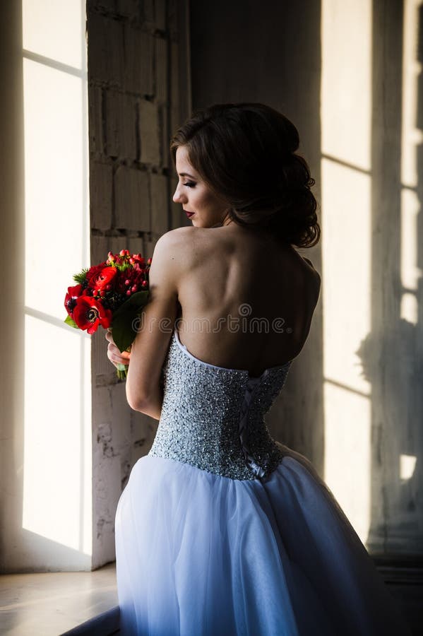 La retrovisione della siluetta della sposa vicino alla finestra odora i fiori rossi immagini stock La retrovisione della siluetta della sposa vicino alla finestra odora i fiori rossi immagini stock