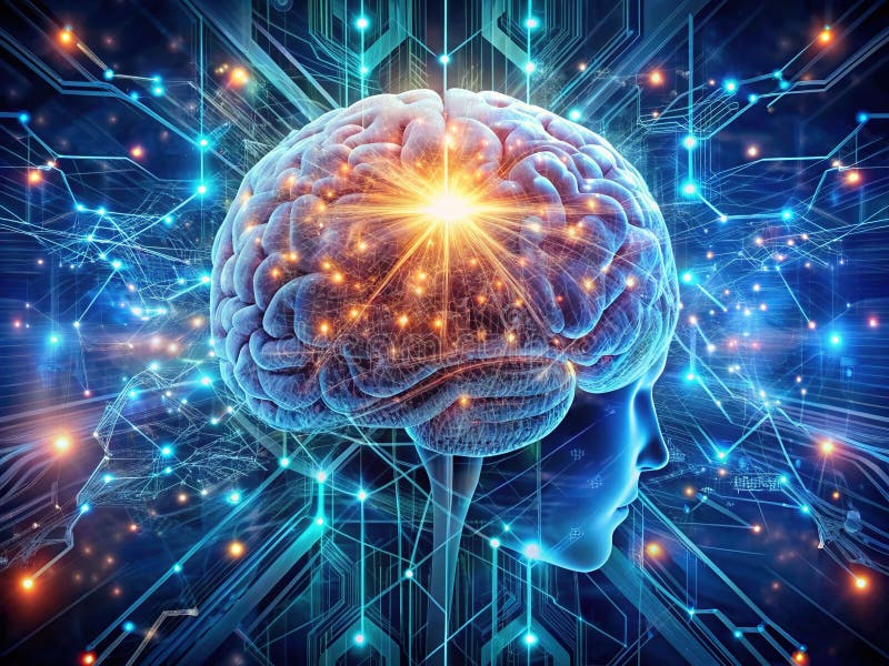 La revelación del futuro de la cognición humana encuentra la inteligencia artificial una fusión de algoritmos de redes neuronales ilustración del vector