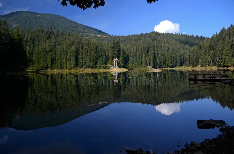 La riflessione del cielo blu, delle montagne e dell'abetaia nel lago alpino Synevyr in Carpathians ucraini fotografie stock La riflessione del cielo blu, delle montagne e dell'abetaia nel lago alpino Synevyr in Carpathians ucraini fotografie stock