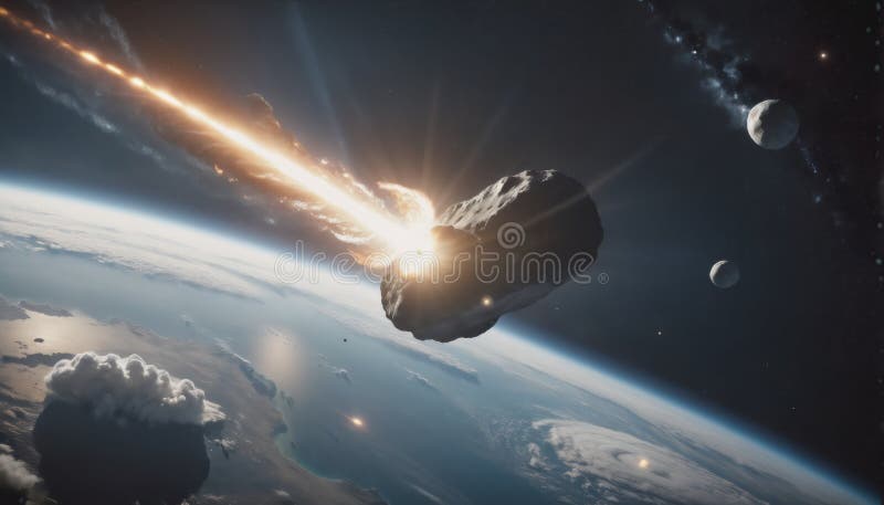 La roca grande o el asteroide atraviesan la atmósfera del planeta tierra y las piezas golpean la superficie de la tierra ilustración del vector