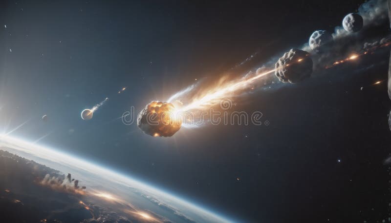 La roca grande o el asteroide atraviesan la atmósfera del planeta tierra y las piezas golpean la superficie de la tierra ilustración del vector