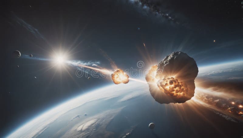 La roca grande o el asteroide atraviesan la atmósfera del planeta tierra y las piezas golpean la superficie de la tierra libre illustration