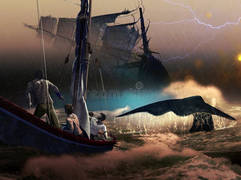 Several mariners escaping from the big shipwreck of their vessel, provoked by a big whale, on a little sailboat under the tempest. Several mariners escaping from the big shipwreck of their vessel, provoked by a big whale, on a little sailboat under the tempest.
