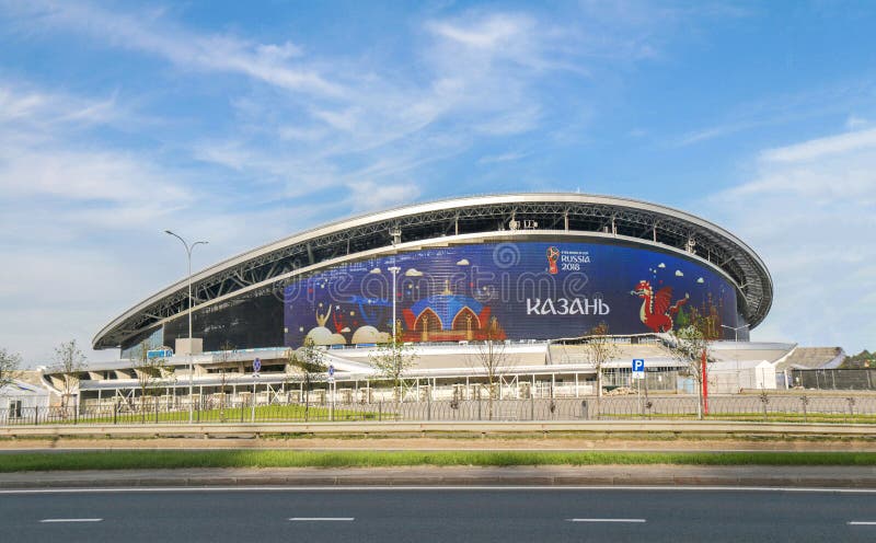 La Russia, Kazan - 3 giugno 2018: Stadio dell'arena di Kazan Sede FI 2018 immagini stock libere da diritti La Russia, Kazan - 3 giugno 2018: Stadio dell'arena di Kazan Sede FI 2018 immagini stock libere da diritti