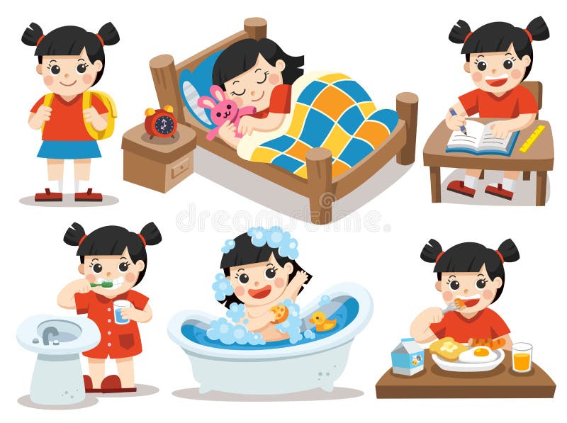 La rutina diaria de la muchacha asiática en un fondo blanco stock de ilustración La rutina diaria de la muchacha asiática en un fondo blanco stock de ilustración