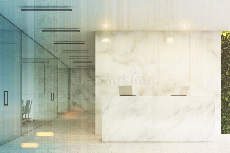 Front view of a white reception desk with two laptops standing on it in front of a marble office wall. There are glass wall offices to the left. 3d rendering, mock up, toned image. Front view of a white reception desk with two laptops standing on it in front of a marble office wall. There are glass wall offices to the left. 3d rendering, mock up, toned image