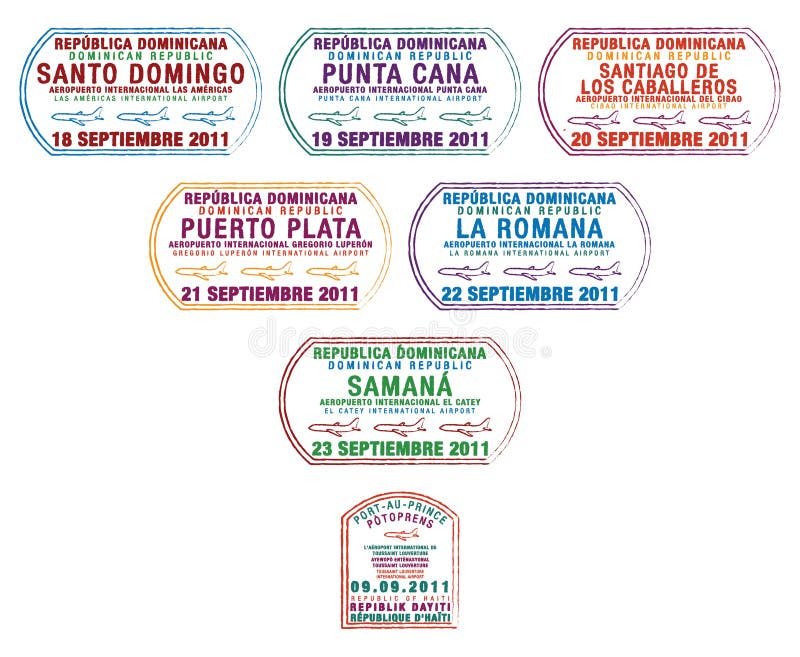 Passport stamps from the Dominican Republic and Haiti on the island of Hispaniola in the Caribbean in format. Passport stamps from the Dominican Republic and Haiti on the island of Hispaniola in the Caribbean in format.