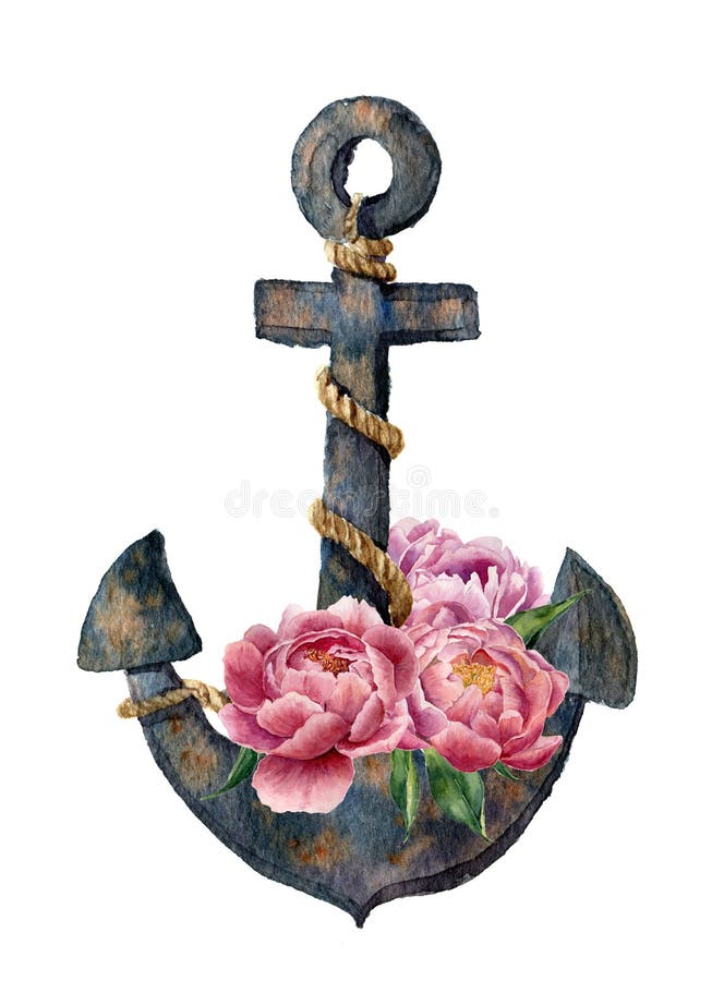 La rétro ancre d'aquarelle avec la corde et la pivoine fleurit illustration de vecteur La rétro ancre d'aquarelle avec la corde et la pivoine fleurit illustration de vecteur