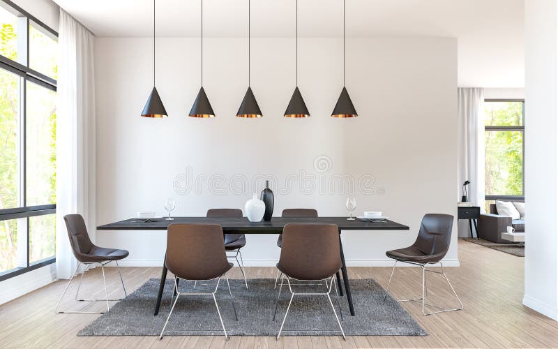 La sala da pranzo moderna decora con l'immagine di cuoio marrone della rappresentazione della mobilia 3d