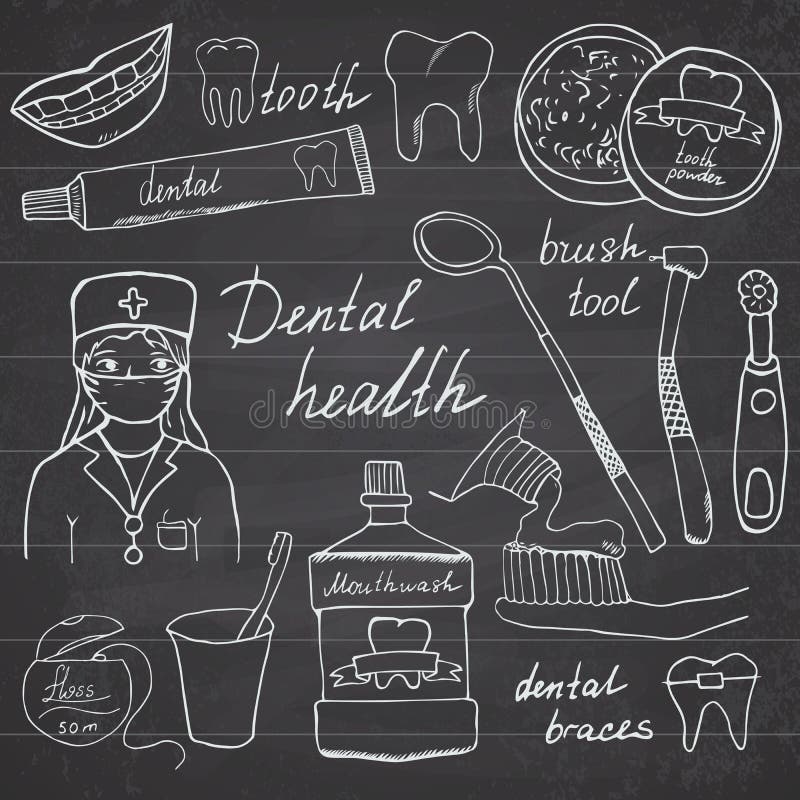 La santé dentaire gribouille des icônes réglées Croquis tiré par la main avec les dents, le collutoire de dentiste de brosse à de illustration stock La santé dentaire gribouille des icônes réglées Croquis tiré par la main avec les dents, le collutoire de dentiste de brosse à de illustration stock