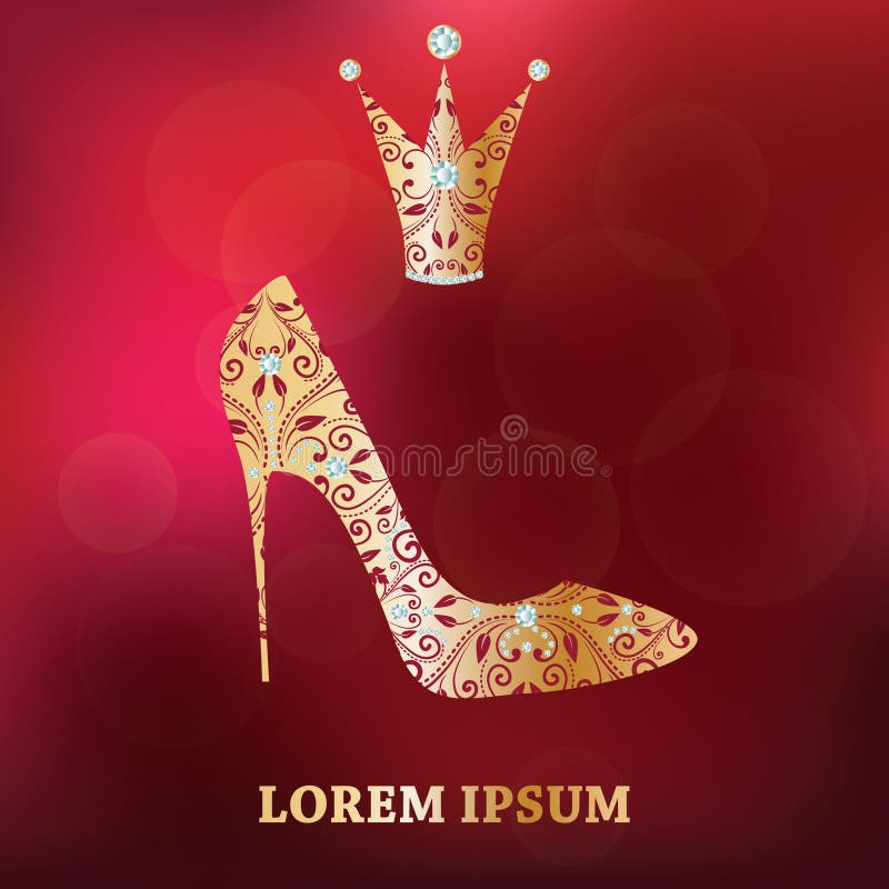 La scarpa e la corona dorate con la decorazione floreale astratta su rosso di lusso hanno offuscato il fondo royalty illustrazione gratis La scarpa e la corona dorate con la decorazione floreale astratta su rosso di lusso hanno offuscato il fondo royalty illustrazione gratis