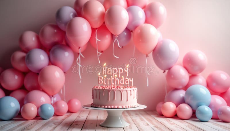 La scena della festa di compleanno con pastello rosa mostra la torta con le candele ortografiche Buon Compleanno. Palloncini di co illustrazione di stock