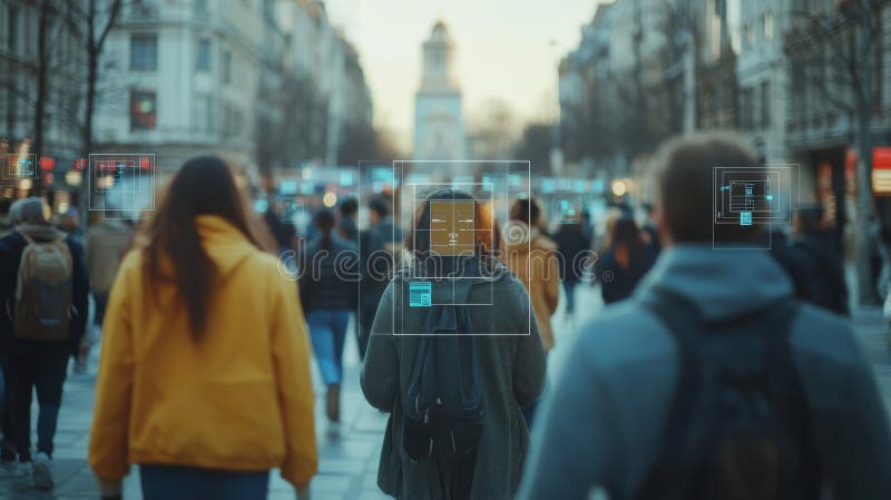 La scena della folla urbana con riconoscimento facciale e interfaccia digitale è sovrimposta sulla strada illustrazione vettoriale