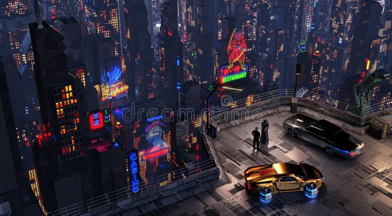 La scena di Cyberpunk Night City Futuristica illustrazione di stock