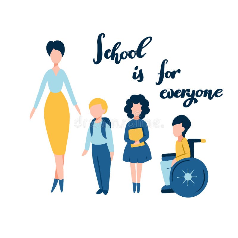 La scuola è per ognuno iscrizione disegnata a mano con la gente piana - insegnante, ragazzo, ragazza e bambino disabile su una se illustrazione vettoriale La scuola è per ognuno iscrizione disegnata a mano con la gente piana - insegnante, ragazzo, ragazza e bambino disabile su una se illustrazione vettoriale