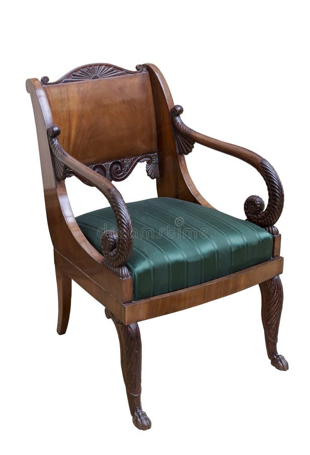 La sedia di legno scura elegante d'annata con un sedile ha sistemato in seta verde su un fondo bianco immagini stock La sedia di legno scura elegante d'annata con un sedile ha sistemato in seta verde su un fondo bianco immagini stock