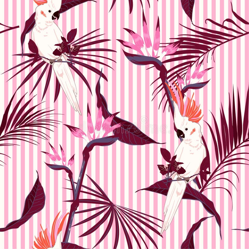La selva tropical dulce se va con el patt saemless del pájaro blanco del macaw stock de ilustración La selva tropical dulce se va con el patt saemless del pájaro blanco del macaw stock de ilustración